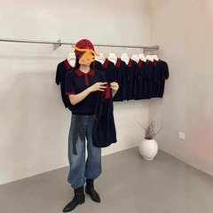 韩版设计感拼接撞色翻领短袖针织衫女早秋新款洋气显瘦百搭上衣潮