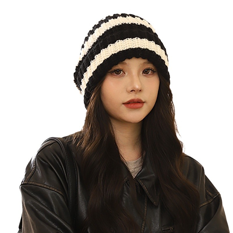 Cappello a sacco con viso a righe e grande circonferenza della testa in lana per le donne in autunno e inverno, che mette in mostra il viso piccolo, tenendo caldo,_voghion.com