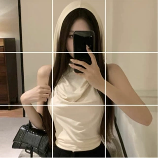 甜酷辣妹无袖连帽T恤女夏季性感露背短款小众背心上衣5261