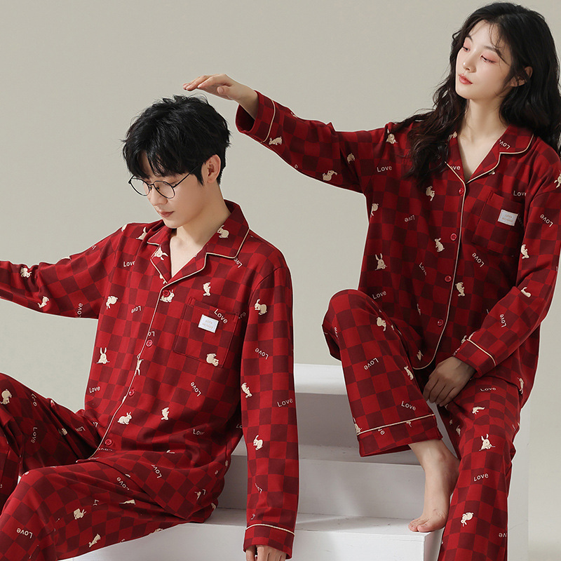 (2개) 새로운 스타일 웨딩 커플 파자마 신혼복 봄과 가을 스타일 밝은 빨간색 조디악 년 남성과 여성 가을과 겨울 스타일 홈 의류