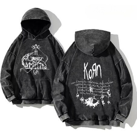 Korn Rock Band World Tour Hoodies Washed Vintage Distressed Pure Cotton Hooded Sweatshirt