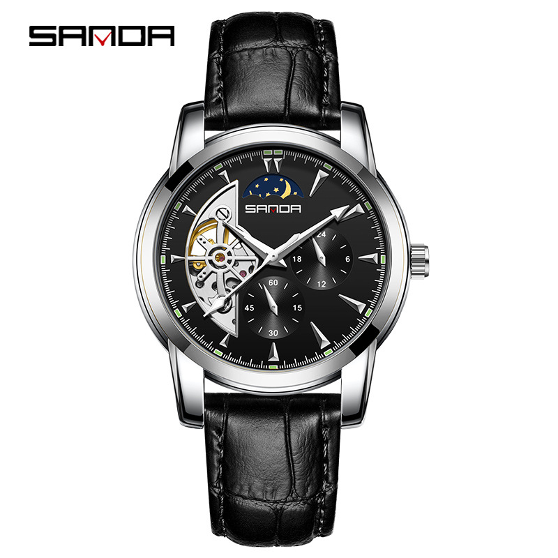 Sanda 7009 correa de acero para hombre reloj mecánico automático con 24 horas multifunción