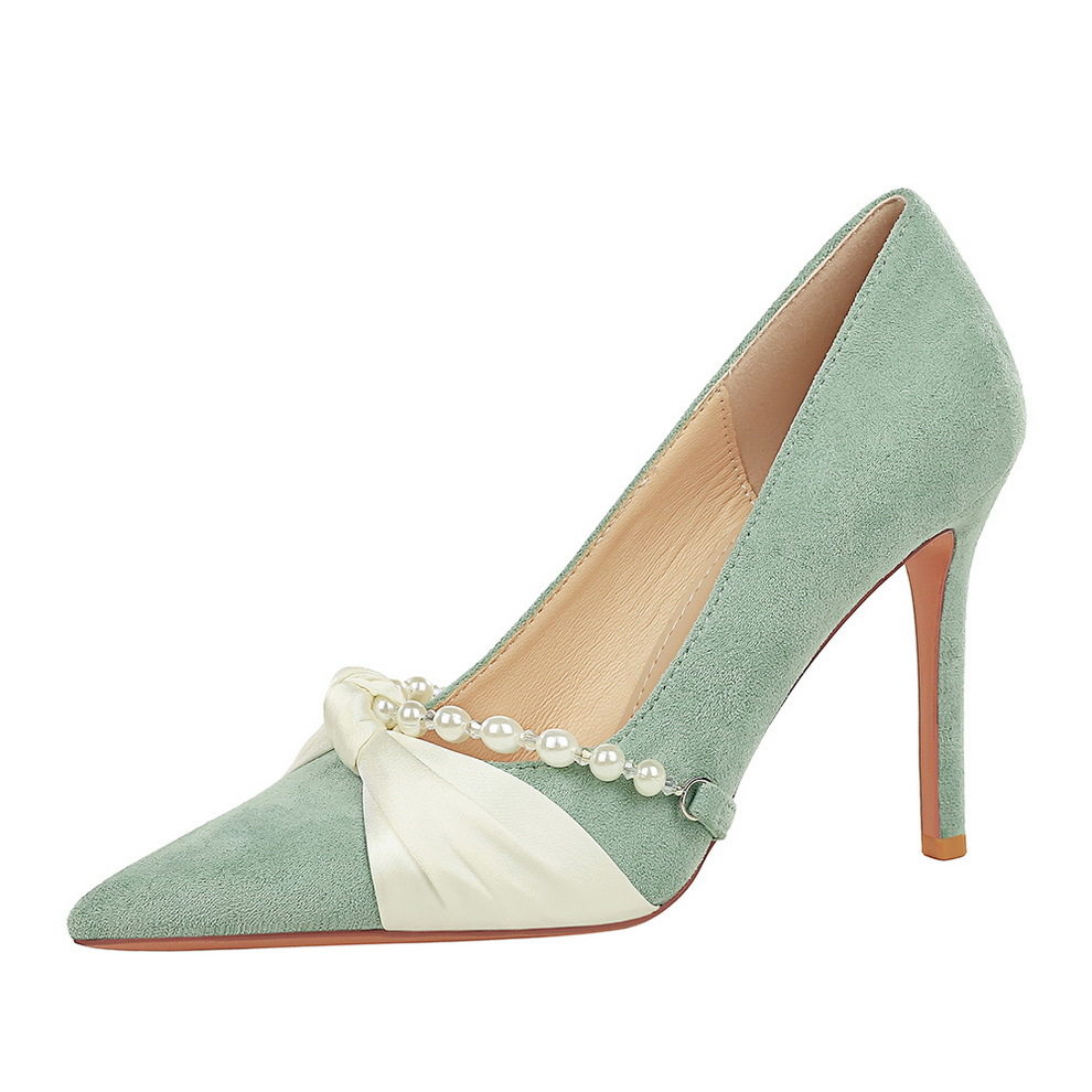3391-18 French-style Elegant Fashion Lady Suede Pointed Toe Shallow High-heeled Shoes With Pearl Chain And Bow For Women_vogvips.com