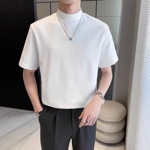 Men's Summer Short Sleeve T-Shirt Ins-Hot Loose Casual Half High Collar Half Sleeve Base Shirt Trendy Cool Stylish Versatile Top