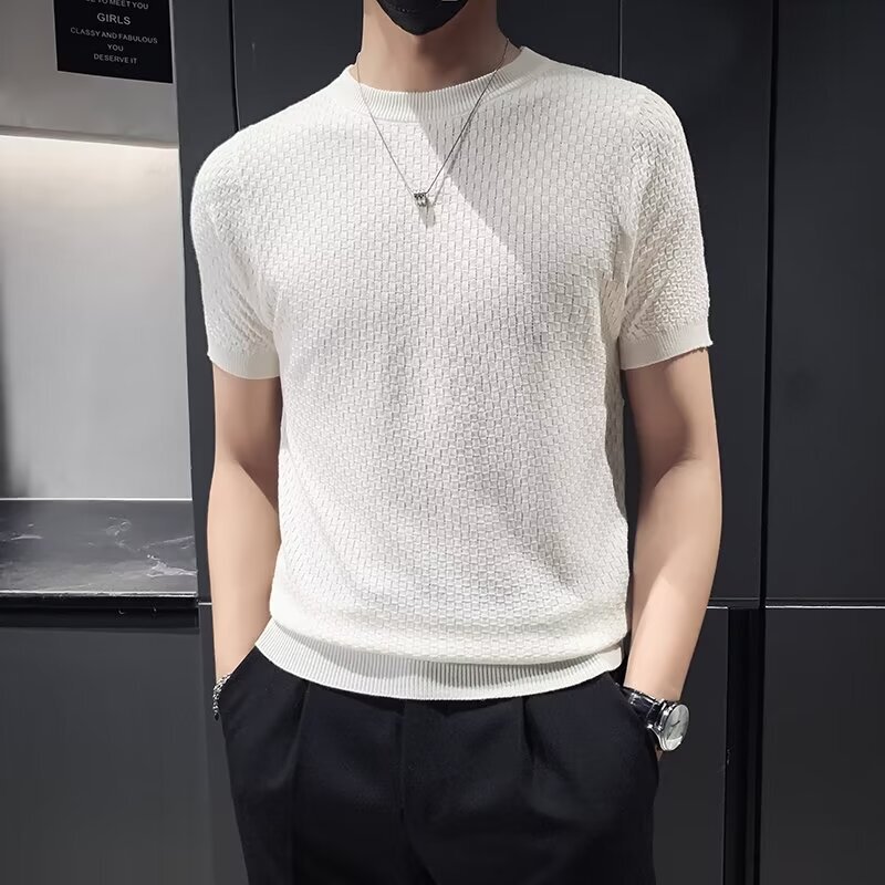 Men's 2024 Summer New All-match Casual Slim-fit Pullover Shirt Half-sleeve White Half-high Collar Knitted Short-sleeved Shirt