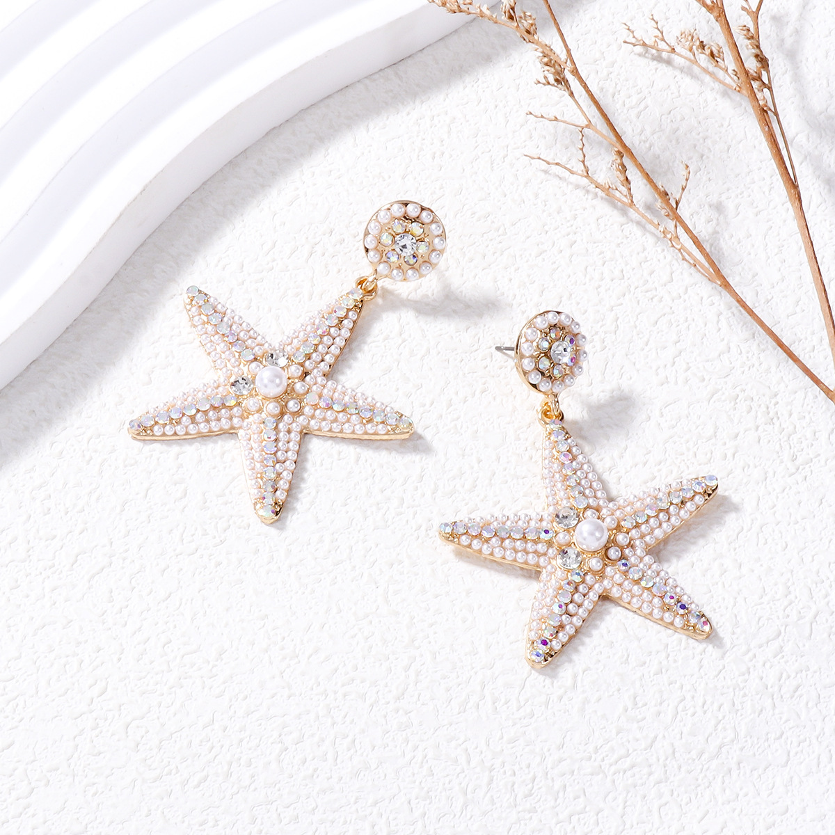 1 Pair Casual Sweet Starfish Inlay Alloy Rhinestones Pearl Drop Earrings display picture 5
