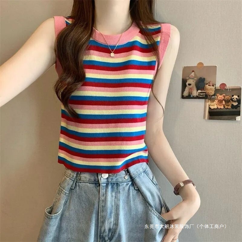 2025 Korean Style Rainbow Striped Camisole Women's Summer Round Neck Fashion Sleeveless Top