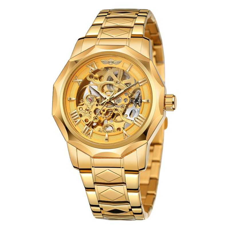 Nuevo ganador de polígono europeo y americano reloj mecánico de los hombres moda casual hueco de fondo transparente reloj automático