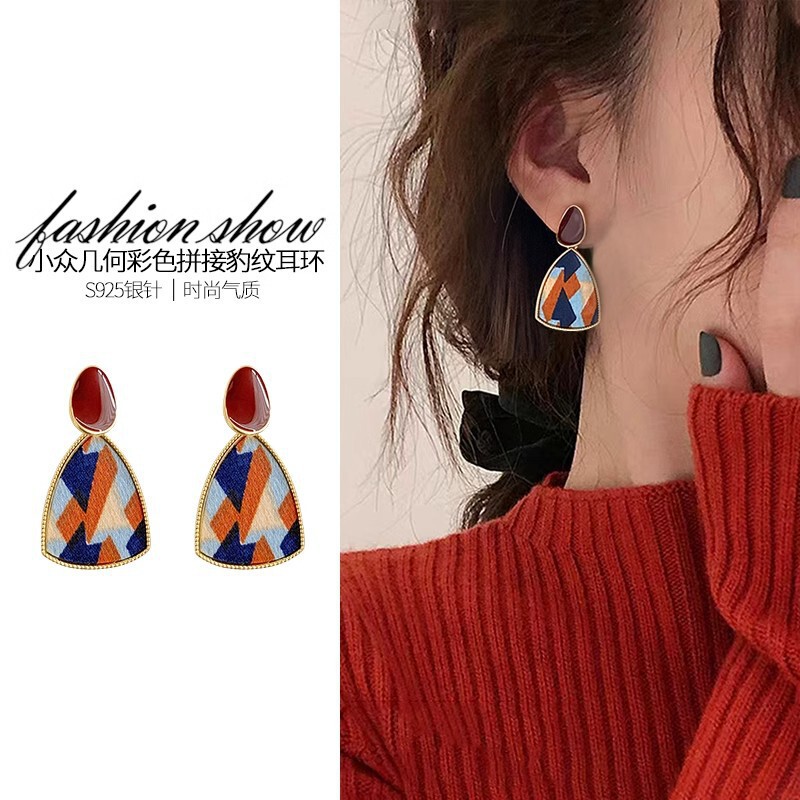 Korean Geometric Earrings, High-End Triangular Earrings, 2023 New Style Fabric Ethnic Style Earrings for Women
