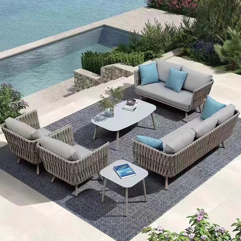 Nordic Outdoor Sofa Courtyard Outdoor Balcony Villa Rattan Chair Combination Rainproof and Sunproof Open-Air Leisure Rattan Furniture