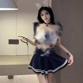 夜听香新品性感情趣内衣短裙露乳jk制服格子诱惑透视水手服