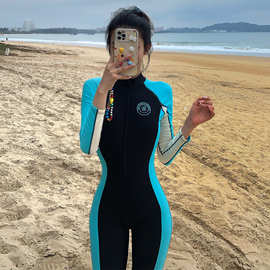 一件代发女士连体长袖长裤一体式遮肚显瘦潜水服沙滩温泉游泳衣