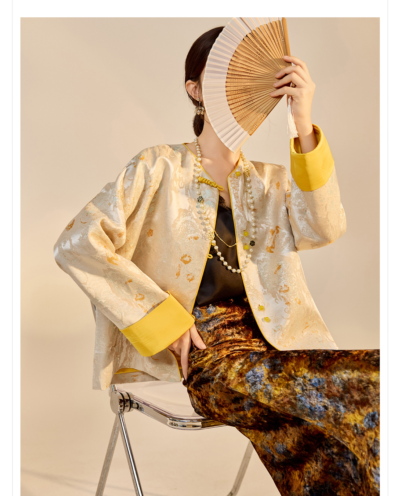 Áo khoác nữ kiểu Trung Hoa mới, chất liệu jacquard họa tiết nổi, phối khuy cài, form suông thu đông N9025 — Miju [phiên bản cotton], Hồng nhạt [phiên bản cotton], hồng nhạt, cơm cam chi tiết 5