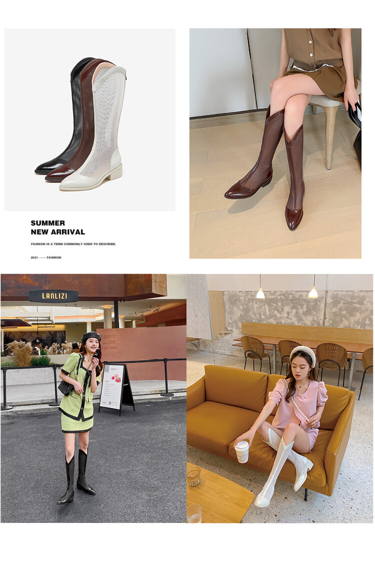 Boot nữ cổ cao da thật đế thô gót vuông ống lưới rỗng dây kéo sau — Màu nâu ống lớn, Ống nhỏ màu đen, Ống nhỏ màu nâu, Ống nhỏ màu trắng Be chi tiết 2