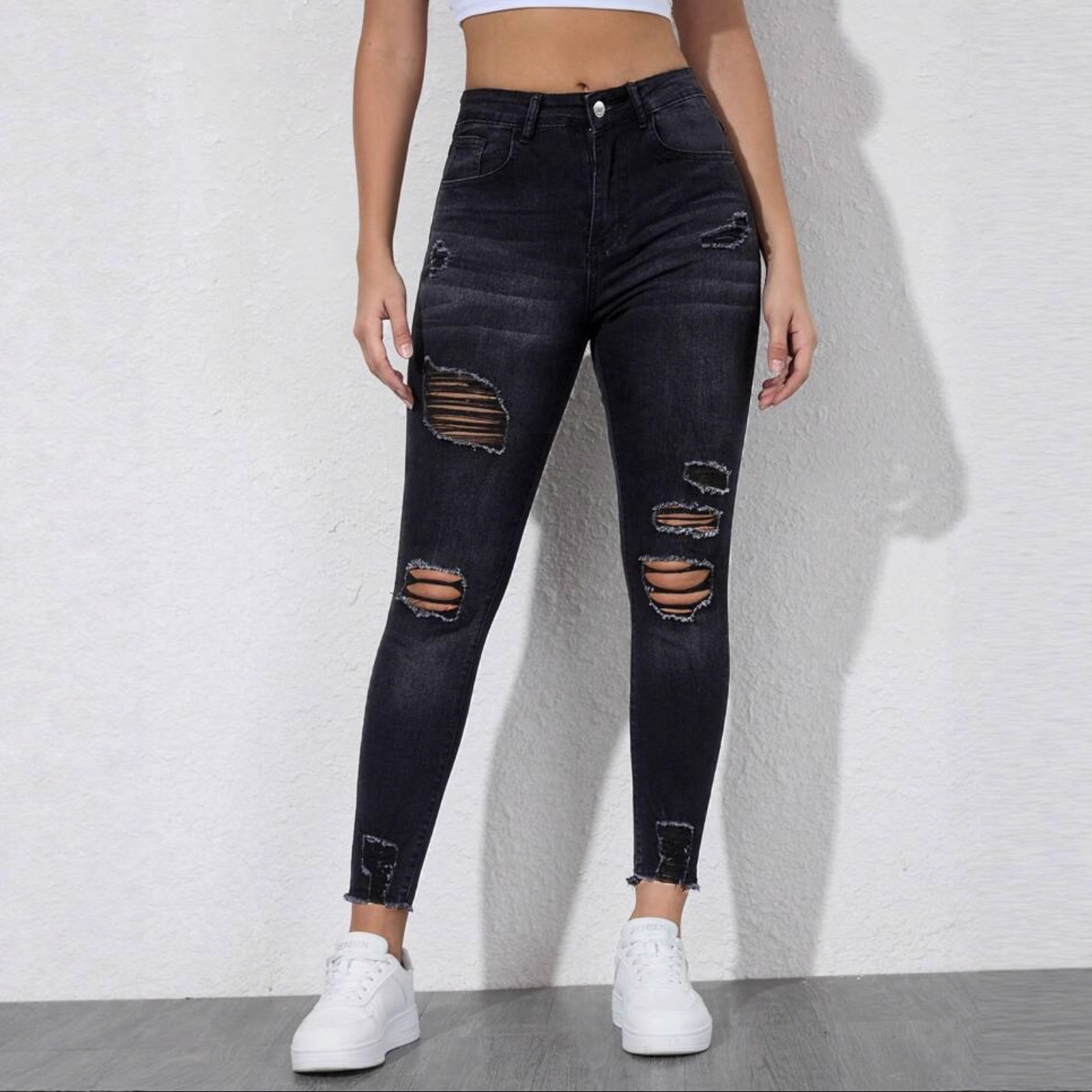 Jeans Ajustados para Mujer de Mezclilla de Algodón, Elástico, Cintura Alta, Roto