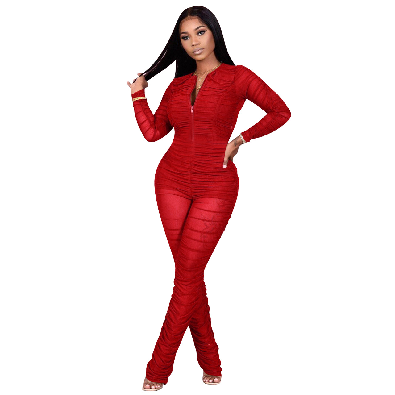 Mesh Pleated Bootcut Jumpsuit NSFFE93306