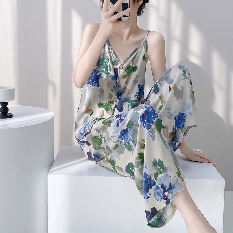 National Style New Chinoiserie Cotton Silk Printed Suspender Pajamas Two-Piece Set for Women Summer New Trousers Pure Desire Holiday Home Clothes