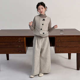 女童小香风套装春秋季2026新款儿童春装撒银毛呢马甲阔腿裤三件套