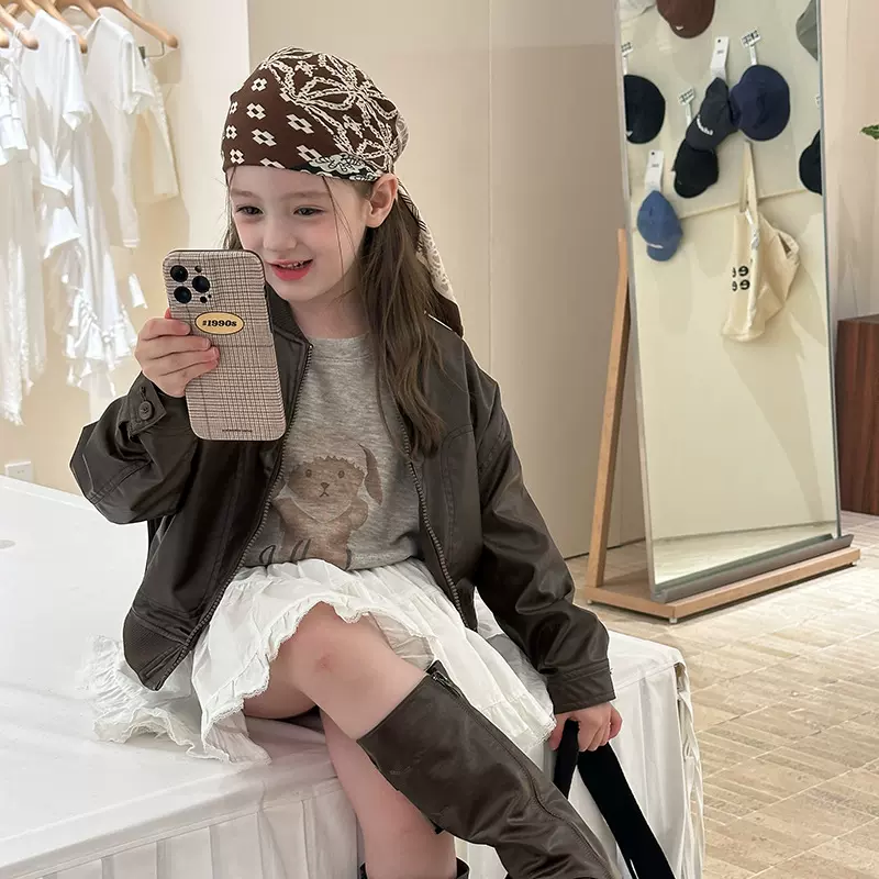 艾摩贝贝2025秋季童装女童宝宝休闲帅气个性短款夹克皮衣外套上衣