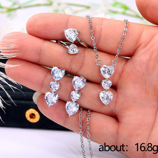 曹适 Cross-border e-commerce new model Micro-paved heart-shaped necklace, earrings and ring three-piece set Love zircon jewelry set