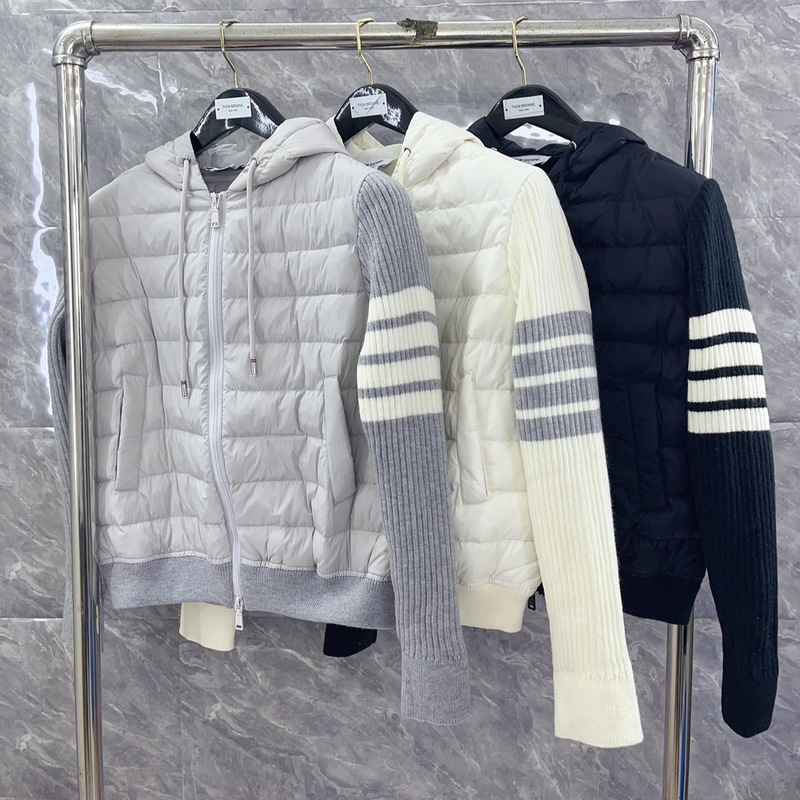 Tb down Jacket New High Version Knitted Sleeves Four-Bar Casual Goose down Splicing Zipper Hooded down Jacket Tb down Jacket New High Version Knitted Sleeves Four-Bar Casual Goose down Splicing Zipper Hooded down Jacket