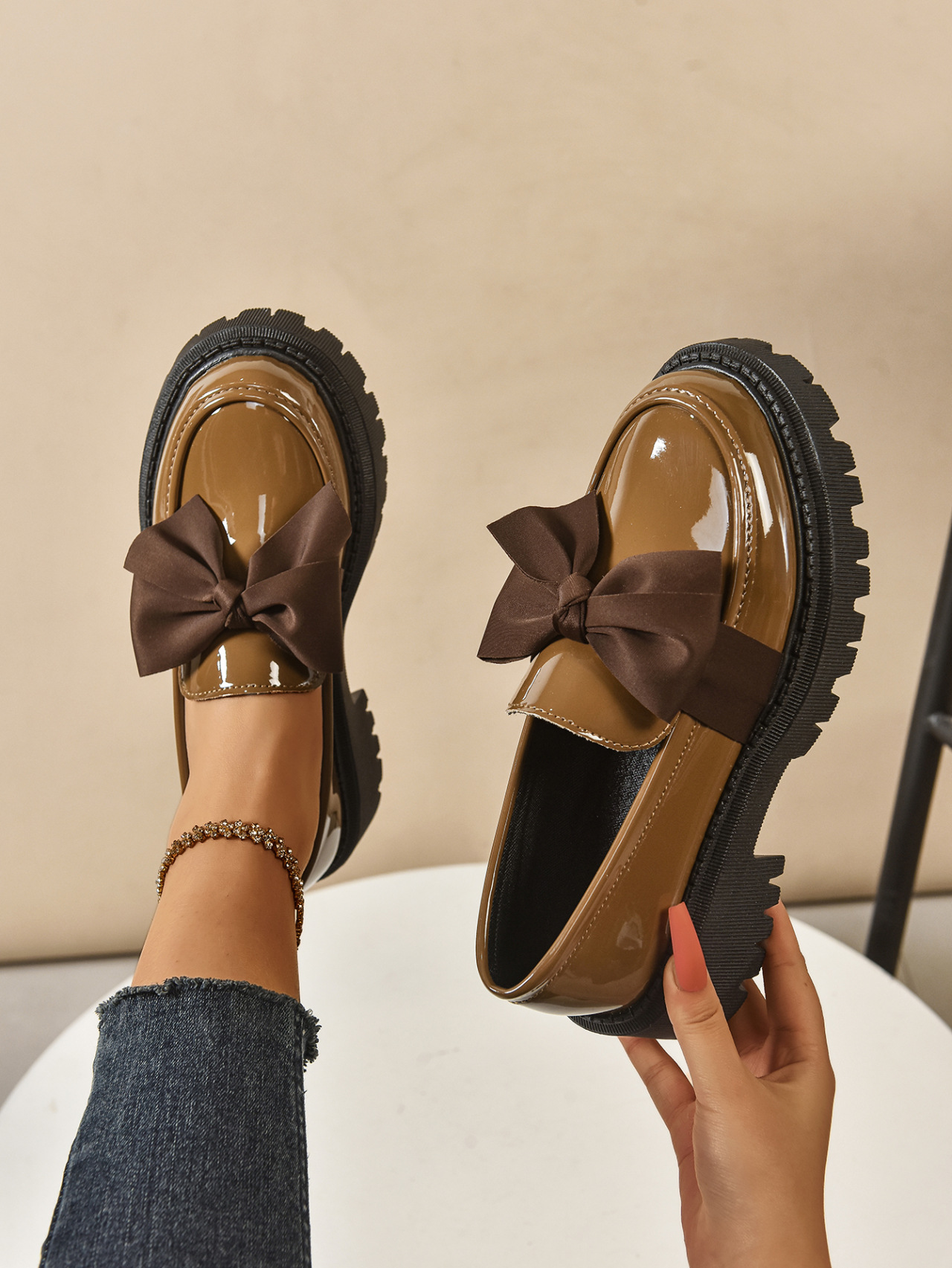 Women's Plus Size Bow Tie Platform Loafers For Autumn Leather_voghion.com