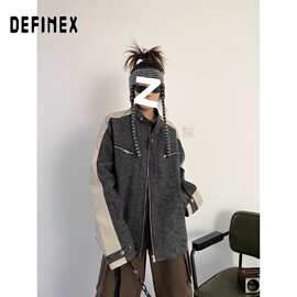 2024春秋新款美式复古机车磨砂潮牌立领棒球服飞行皮衣夹克外套女