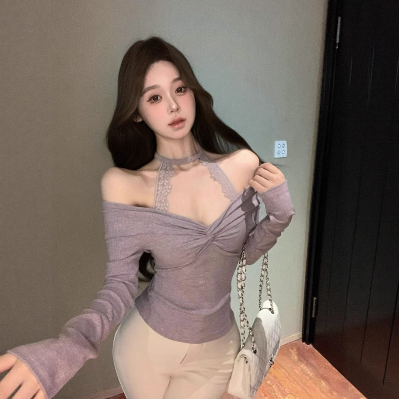 One-Shoulder Lace Halterneck Long-Sleeved T-Shirt for Women in Autum Slim Fit Twist Design Purple Short Bottoming Shirt Top One-Shoulder Lace Halterneck Long-Sleeved T-Shirt for Women in Autum Slim Fit Twist Design Purple Short Bottoming Shirt Top