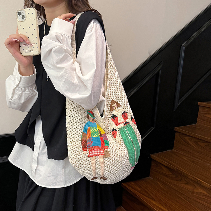 慵懒风休闲手工单肩包包女夏新款钩针编织包手提托特包度假沙滩包