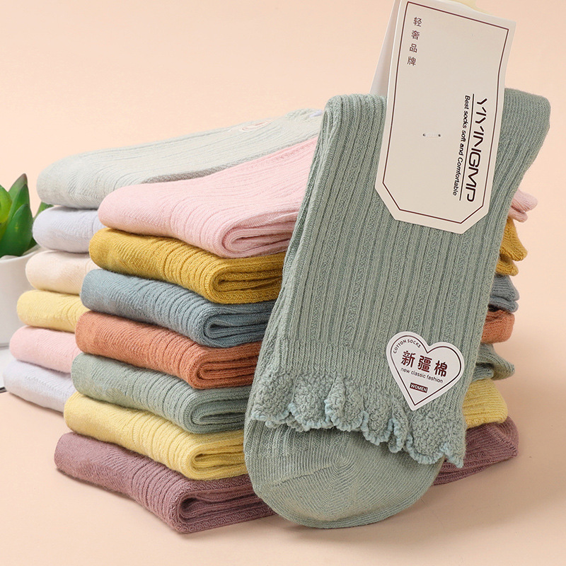 Spring New combed cotton Japanese double needle mid-calf socks fungus lace cotton socks loose mouth not tight feet candy color women's socks