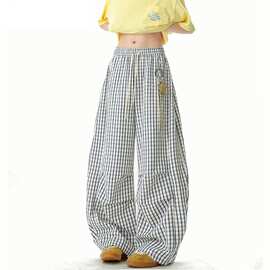 美式慵懒风松弛感格子弯刀裤女夏季薄款宽松直筒休闲阔腿运动裤女