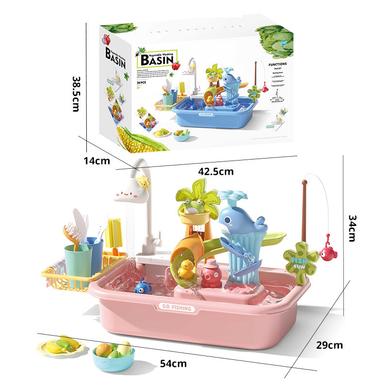Niños transfronterizos cocina lavavajillas conjunto de ciclo eléctrico para lavar verduras juguetes de agua de pesca
