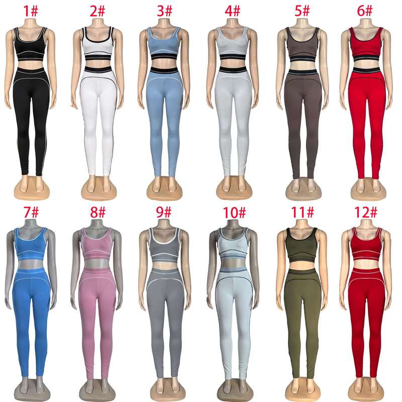 Fashionable Sleeveless Sports Vest, High-Waisted, Butt-Lifting, Tummy-Tucking Fitness Yoga Outfit Set, 12 Colors in Stock Q6256