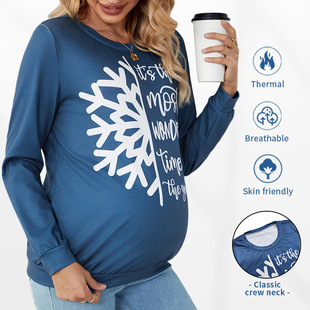 European and American Cross-Border Navy Blue Snowflake Maternity Long-Sleeve Sweatshirt Top, Loose Casual Maternity Wear for Spring and Autumn Pregnancy