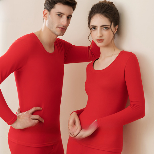 Women's Set of AB Face Round Neck Fleece Warm Innerwear with Thick Padding, Autumn Top and Bottom Pajamas, Men's Warm Fleece Lined Base Shirt for Wholesale