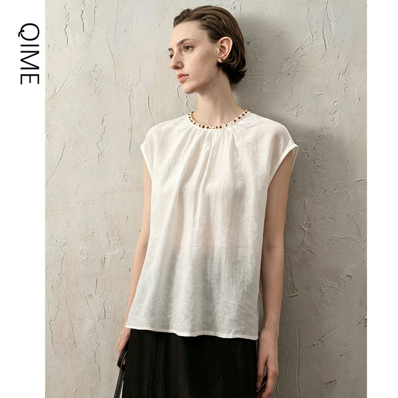 Light White Pure Ramie Blouse for Women with Heavy Bead Embroidery, Round Neck, Summer High-End Old Money Style Light White Pure Ramie Blouse for Women with Heavy Bead Embroidery, Round Neck, Summer High-End Old Money Style