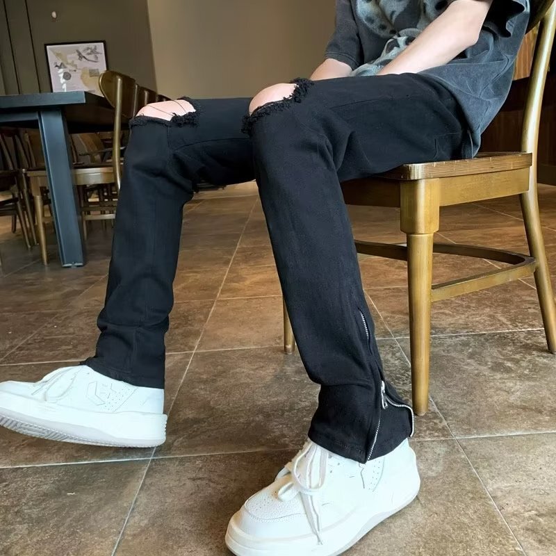 High street American straight knee ripped jeans skinny men and women slim fit all-match hip hop pants fashion