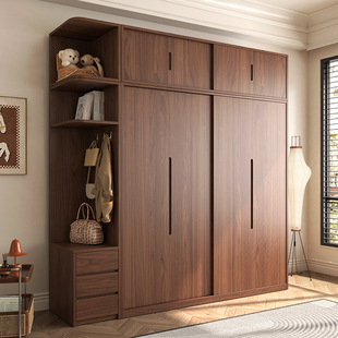 Muyue Solid Wood Sliding Door Wardrobe Modern Simple Combination Wardrobe Log Walnut Sliding Door Sliding Door Bedroom Wardrobe
