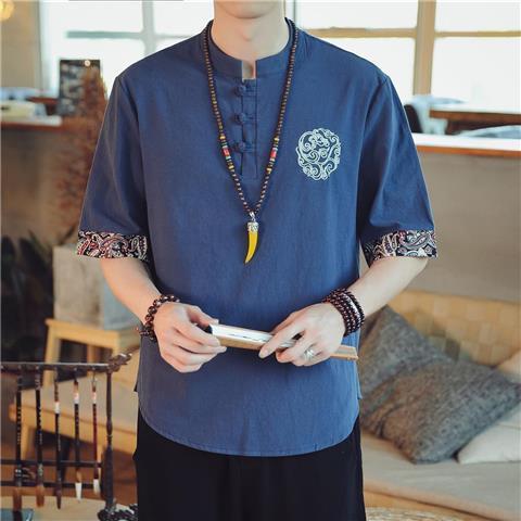 中国風tシャツ男性夏の薄いツル刺繍綿麻半袖tシャツ男ゆるい盤ボタン五分半袖男|undefined