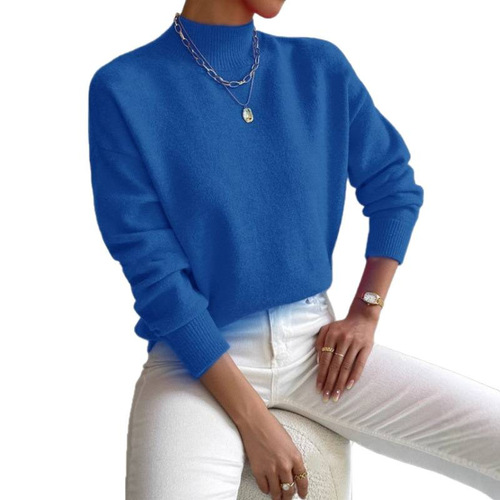Autumn and winter semi-high collar pullover long-sleeved sweater women's fashionable solid color loose knitted top