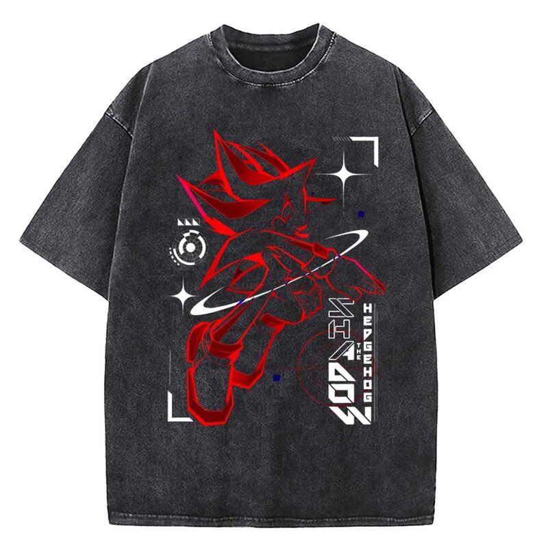 Men's T-Shirt Retro 90S Shadow Hedgehog Washed T-Shirt Fashion Summer T-Shirt Basic Printed Cotton Clothes Top Raw