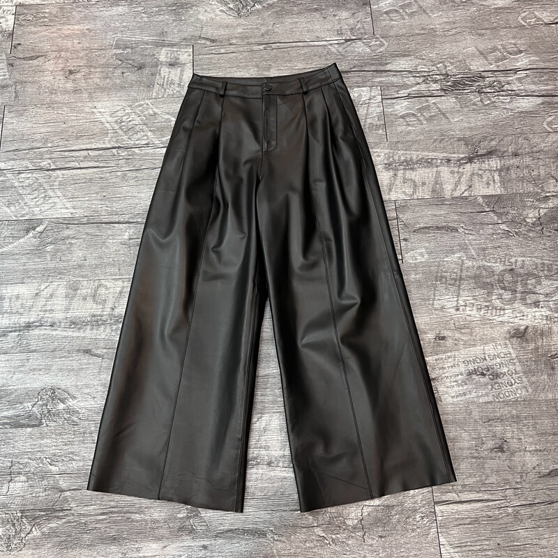 2025 Spring New Style Sheepskin Genuine Leather Pants for Women High-Waist Slim Wide-Leg Leather Pants Loose Outer Wear Cropped Pants