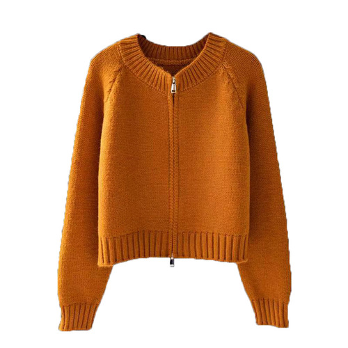 Lazy Feeling Solid Color Short Cardigan Jacket for Women Autumn Korean Style Loose Lazy Outerwear Zipper Knit Top