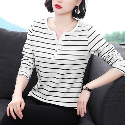 Spring and Autumn Long Sleeve Women's Top Striped Small Shirt Korean Style Loose Plus Size Slimming Collar Base Shirt Trendy