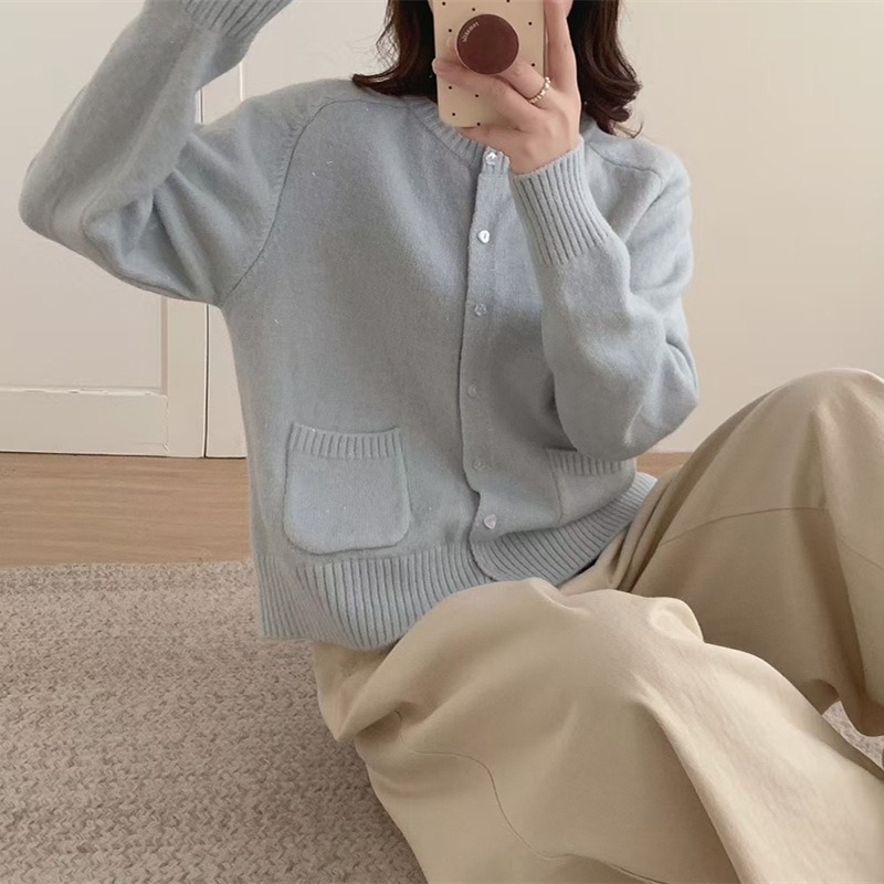 韩系慵懒风2025秋新款圆领针织开衫女宽松纯色软糯百搭毛衣女外套|undefined