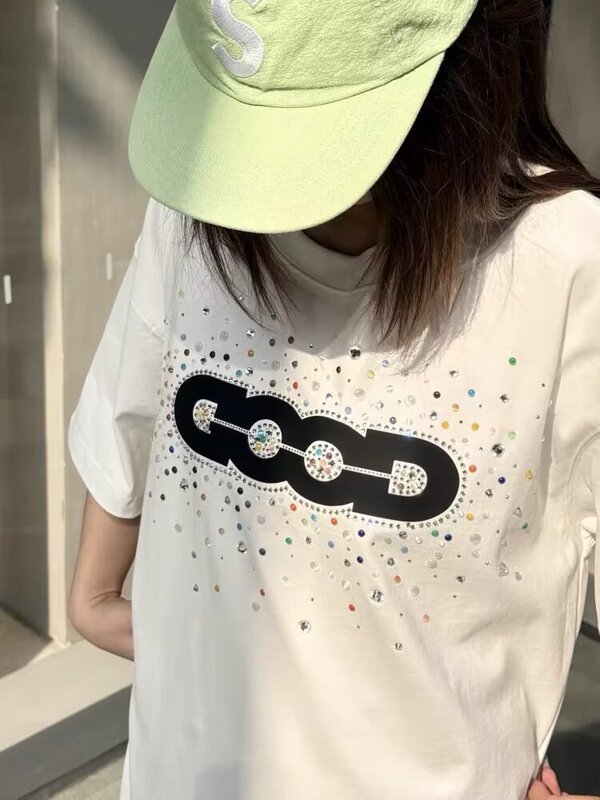 GOOD ハイエンドライトラグジュアリーホットダイヤモンドメンズレディース半袖クイックTシャツサマーインラウンドネックアイスシルクTシャツ立体トップ|undefined