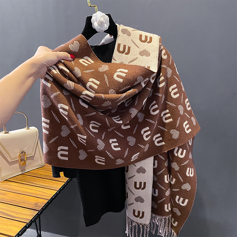 Neuer Kaschmirschal für Damen im Herbst und Winter, passend zum koreanischen Stil, doppelseitiger Schal mit M-Gitter, modischer, einfacher, warmer und dicker Schal_voghion.com