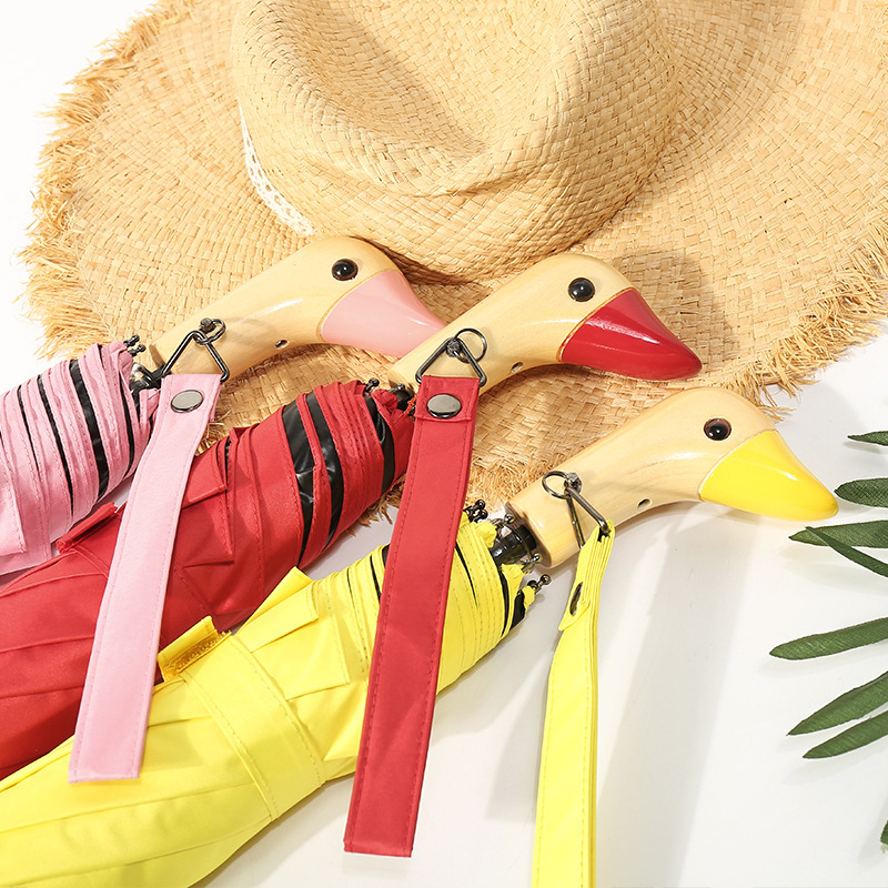Wholesale Cross-Border Internet Celebrity Umbrella with Wooden Handle, Cute Duck Head Foldableing Umbrella, Sunshade, Custom Vinyl, Rain or Shine, 70% off Umbrella