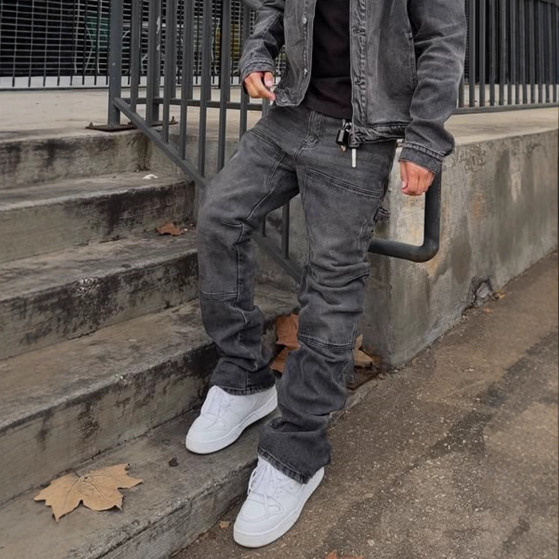 Men's Loose Fit Wide Leg Jeans Casual Ripped Hip Hop Style Stretch Flare Long Pants mid Waist Blue_mkmklike.com