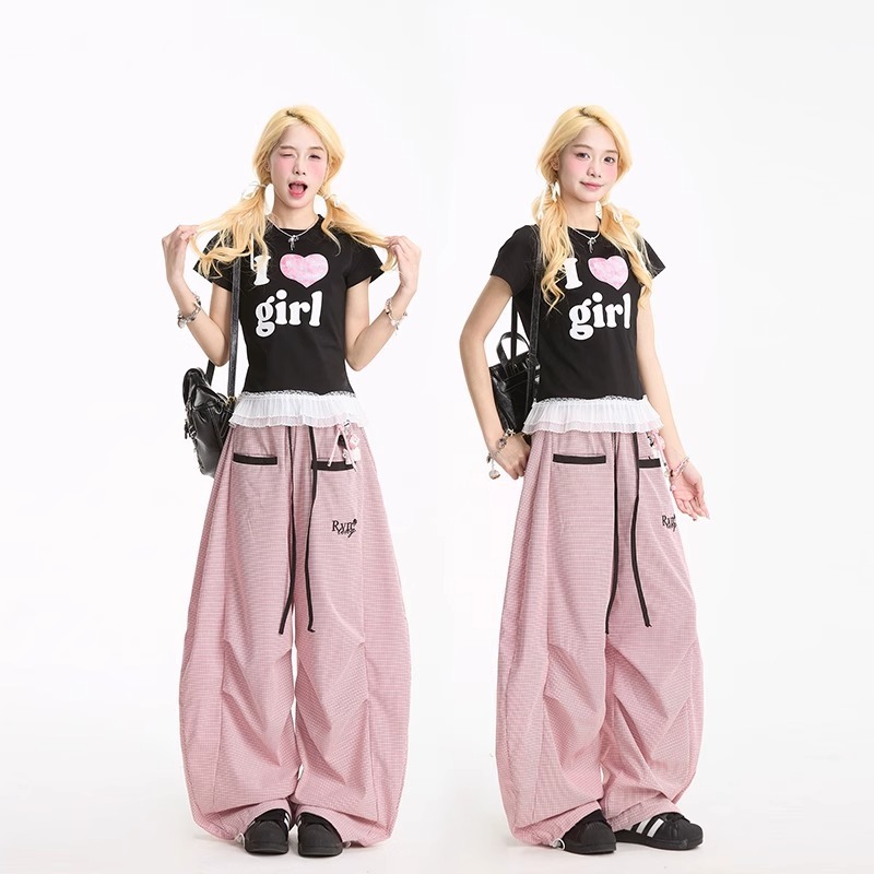 美式街头撞色条纹弯刀休闲裤女夏季垂感阔腿宽松显瘦运动裤|undefined